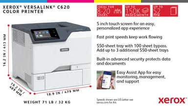 Xerox VersaLink C620 A4 50ppm Duplex Printer PS3 PCL5e/6 2 Trays 650 Sheets view 9