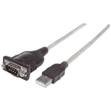 Manhattan USB-A to Serial Converter cable, 45cm, Male to Male, Serial/RS232/COM/DB9, Prolific PL-2303RA Chip, Black/Silver cable, Three Year Warranty, Equivalent to ICUSB232V2. view 1