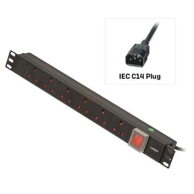 Lindy 1U 6 Way UK Sockets, Horizontal PDU with IEC C14 Cable view 1