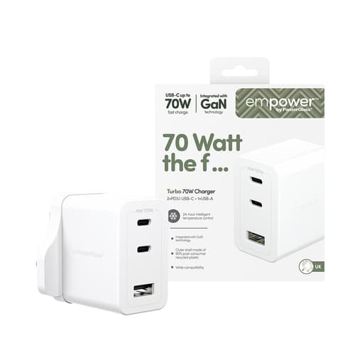 PanzerGlass empower™ by ® Turbo 70W Charger incl. 2 x USB-C + USB-A | UK Plug | Silver White