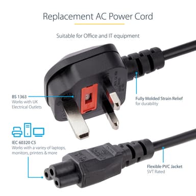 StarTech.com 6ft (2m) UK Laptop Power Cable, BS 1363 to C5 (Clover Leaf), 2.5A 250V, 18AWG, UK Laptop Replacement Cord, Printer Power Cable, Laptop Charger Cord, Laptop Power Brick Cord view 6