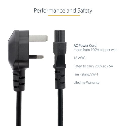 StarTech.com 6ft (2m) UK Laptop Power Cable, BS 1363 to C5 (Clover Leaf), 2.5A 250V, 18AWG, UK Laptop Replacement Cord, Printer Power Cable, Laptop Charger Cord, Laptop Power Brick Cord