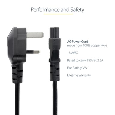 StarTech.com 6ft (2m) UK Laptop Power Cable, BS 1363 to C5 (Clover Leaf), 2.5A 250V, 18AWG, UK Laptop Replacement Cord, Printer Power Cable, Laptop Charger Cord, Laptop Power Brick Cord view 7