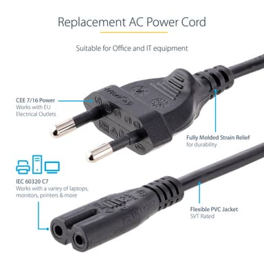 StarTech.com 1m (3ft) Laptop Power Cord, EU Plug to C7, 2.5A 250V, 18AWG, Laptop Replacement Cord, Printer Power Cable, Laptop Charger Cord, Laptop Power Brick Cord - UL Listed view 4