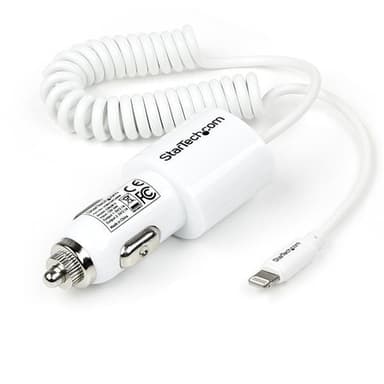 StarTech.com Dual-Port Car Charger - USB with Built-in Lightning Cable - White view 1