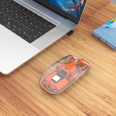 Manhattan Transparent Rechargeable Wireless Mouse, Clear/Orange, Adjustable 800/1200/1600dpi, With RGB LED light, 2.4Ghz (effective range up to 10m), USB, Optical, Ambidextrous, Four Button with Scroll Wheel, Slim Design, USB-A micro receiver, Lithium Ion battery view 12