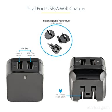 StarTech.com Dual-port USB wall charger - international travel - 17W/3.4A - black view 7