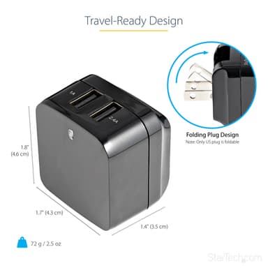 StarTech.com Dual-port USB wall charger - international travel - 17W/3.4A - black view 8
