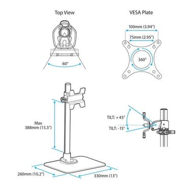 StarTech.com Single Monitor Stand - Adjustable - Steel - Silver - For up to 34" (30.9lb/14kg) Displays - TAA view 7