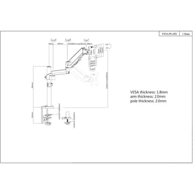 Manhattan Desk Mount for TV & Monitors (Full Motion Gas Spring), For screens 13" to 27", Clamp or Grommet Assembly, VESA compatibility: 75x75mm and 100x100mm - check the dimensions of the four mounting holes on back of screen to ensure it fits, Max 8kg, Bracket view 8