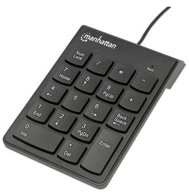 Manhattan Numeric Keypad, Wired, USB-A, 18 Full Size Keys, Black, Membrane Key Switches, Windows and Mac, Three Year Warranty view 1