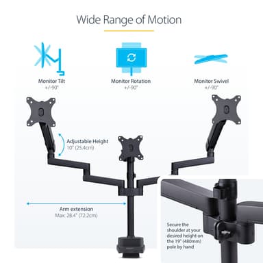 StarTech.com Desk Mount Triple Monitor Arm For Up To Three 27in Screens, VESA 75x75/100x100, Tool-Less Arm Adjustments, C-Clamp/Grommet Mount, Mechanical Spring Arm view 17