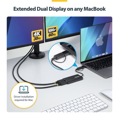 StarTech.com USB to Dual HDMI Adapter, USB A/C to 2x HDMI Displays (1x 4K30Hz, 1x 1080p), Integrated USB-A to C Dongle, 4in/11cm Cable, USB 3.0 to HDMI Display Adapter, Windows & macOS view 12