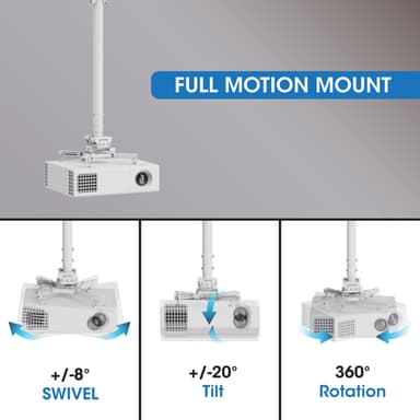 Manhattan Projector Mount, Ceiling, Universal, Full Motion, Height Range: 745 to 1145mm, Max 35kg, White, 360° rotation, +/-20° Tilt, and +/-8° Swivel, Lifetime Warranty view 6