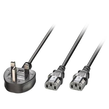 Lindy 2.5m UK 3 Pin Plug to 2 x IEC C13 Splitter Extension Cable, Black view 1