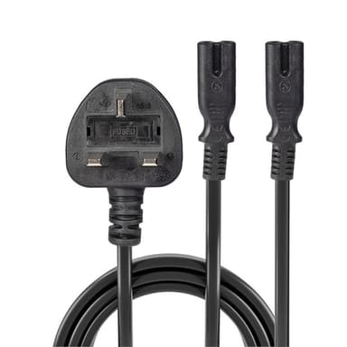 Lindy 2.5m UK 3 Pin Plug to 2 x IEC C7 Splitter Extension Cable, Black view 2