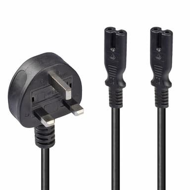 Lindy 2.5m UK 3 Pin Plug to 2 x IEC C7 Splitter Extension Cable, Black view 1