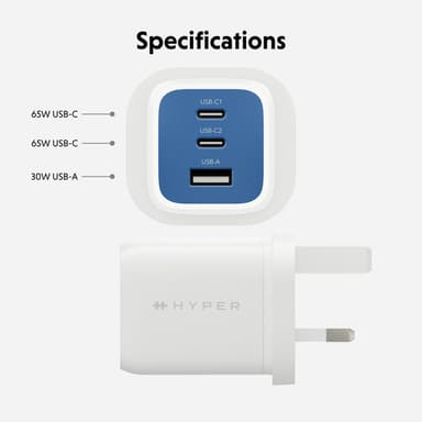 Targus HyperJuice Flex 65W GaN Laptop, Smartphone, Headset, Portable gaming console Blue, White AC Indoor view 3