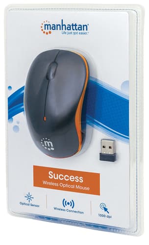 Manhattan Success Wireless Mouse, Black/Orange, 1000dpi, 2.4Ghz (up to 10m), USB, Optical, Three Button with Scroll Wheel, USB micro receiver, AA battery (included), Low friction base, Three Year Warranty view 6