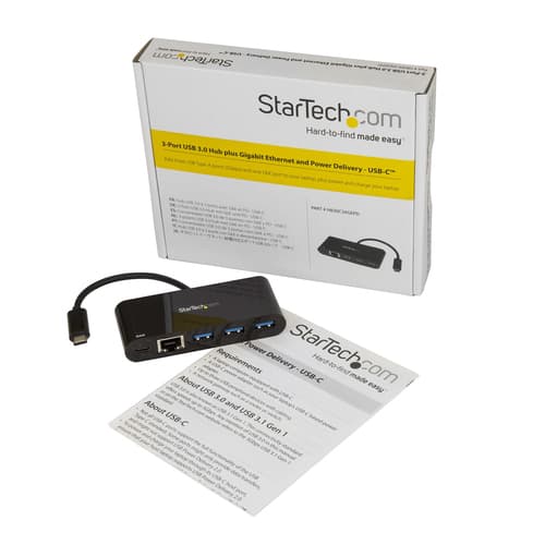StarTech.com 3 Port USB-C Hub with Gigabit Ethernet & 60W Power Delivery Passthrough Laptop Charging - USB-C to 3x USB-A (USB 3.0 SuperSpeed 5Gbps) - USB 3.1/3.2 Gen 1 Type-C Adapter Hub~3 Port USB-C Hub with Gigabit Ethernet & 60W Power Delivery Passthrough Laptop Charging - USB-C to 3x USB-A (USB 3.0 SuperSpeed 5Gbps) - USB 3.2 Gen 1 Type-C Adapter Hub