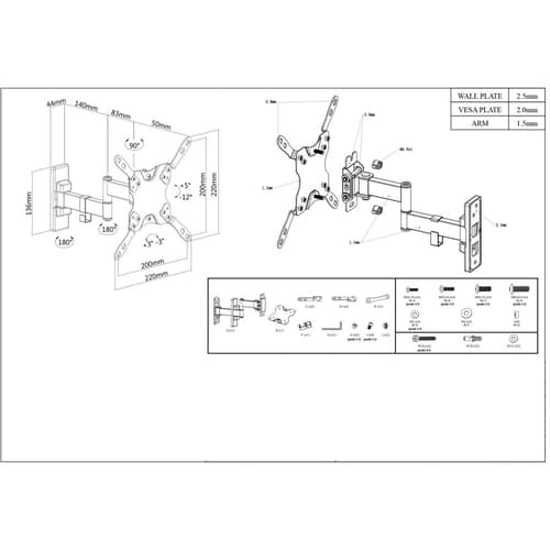 Manhattan Wall Mount for TV & Monitors (Full Motion), For screens 13" to 42", VESA compatibility: all between 75x75mm to 200x200mm - check the dimensions of the four mounting holes on back of screen to ensure it fits, Max 20kg, Black, Bracket