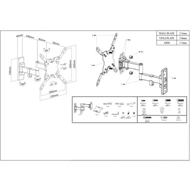 Manhattan Wall Mount for TV & Monitors (Full Motion), For screens 13" to 42", VESA compatibility: all between 75x75mm to 200x200mm - check the dimensions of the four mounting holes on back of screen to ensure it fits, Max 20kg, Black, Bracket view 5