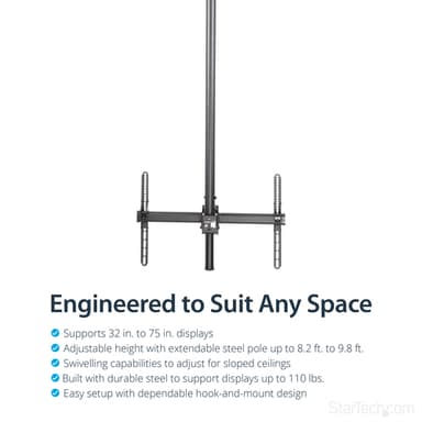 StarTech.com TV Ceiling Mount - Full-Motion Universal Hanging Single Screen Mount with Adjustable Telescopic Long Pole - Tilt / Swivel - VESA Bracket for 32”-75" Displays view 11
