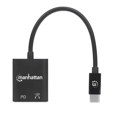 Manhattan USB-C to USB-C Audio Adapter and USB-C (inc Power Delivery), Black, 480 Mbps (USB 2.0), Cable 11cm, With Power Delivery to USB-C Port (60W), Three Year Warranty