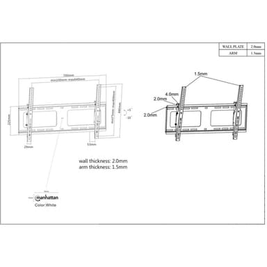 Manhattan Wall Mount for TV & Monitors (Tiltable), For screens 37" to 65", VESA compatibility: all between 200x200mm to 600x400mm - check the dimensions of the four mounting holes on back of screen to ensure it fits, Max 80kg, Black, Bracket view 5