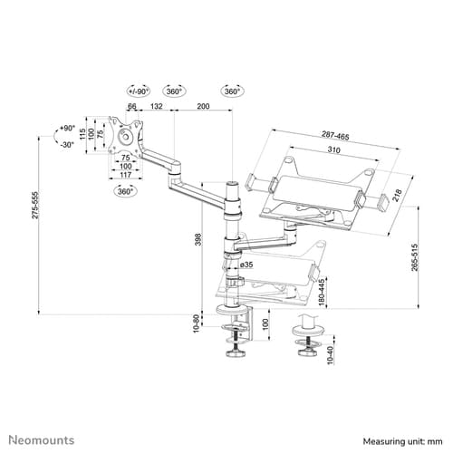 Neomounts DS20-425BL2 Monitor arm with laptop holder 17-27" - space saving