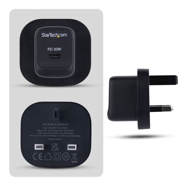 StarTech.com 30W USB‑C Wall Charger, Portable GaN Charger with USB Power Delivery Fast Charging, GaN 5V/9V/15/20V PD, USB-C Charger, Black view 3