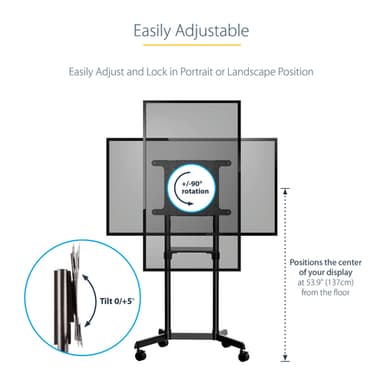 StarTech.com Mobile TV Cart - Portable Rolling TV Stand for 37-70" VESA Display (154lb/70kg) - TV Stand w/Shelf & Storage Compartment - Rotate/Tilt Display - Universal TV Mount on Wheels view 9