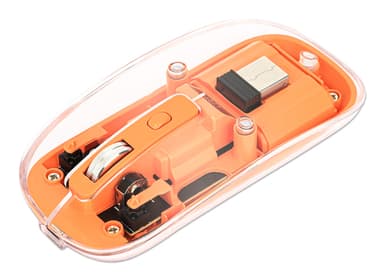 Manhattan Transparent Rechargeable Wireless Mouse, Clear/Orange, Adjustable 800/1200/1600dpi, With RGB LED light, 2.4Ghz (effective range up to 10m), USB, Optical, Ambidextrous, Four Button with Scroll Wheel, Slim Design, USB-A micro receiver, Lithium Ion battery view 1