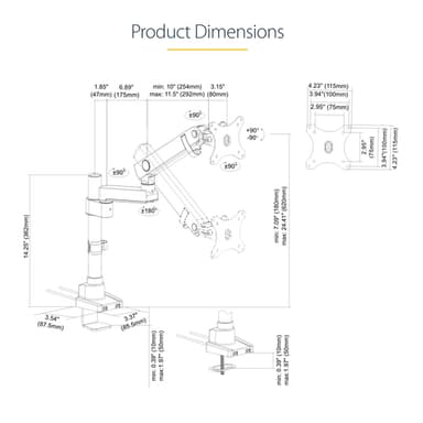 StarTech.com Desk Mount Monitor Arm with 2x USB 3.0 Ports, Full Motion Single Monitor Mount, up to 34" (17.6lb/8kg) VESA Display, Clamp/Grommet Mount, Mechanical Spring view 18
