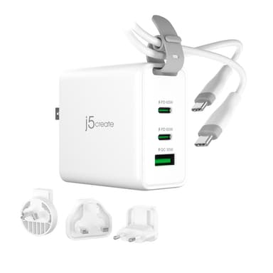 j5create 65W GaN USB-C 3-Port Traveler Charger with changeable AC plugs and USB-C cable view 1