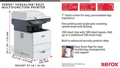 Xerox VersaLink B625 A4 61ppm Duplex Copy/Print/Scan/Fax PS3 PCL5e/6 2 Trays 650 Sheets view 5