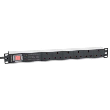 Intellinet 19" 1U PDU 6-way UK, With switch and Surge Protection, Rackmount, Power Distribution Unit, UK 3-pin outlets, 3m power cord, output view 3