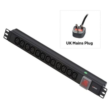 Lindy 1U 12 Way IEC Sockets, Horizontal PDU with UK Mains Plug view 1