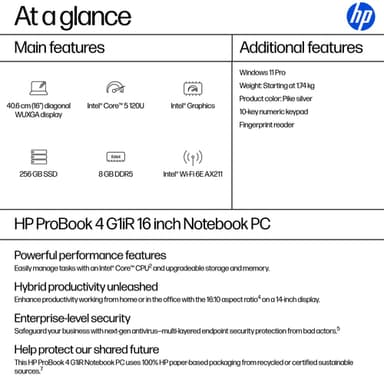 HP ProBook 4 G1iR Intel Core 5 120U Laptop 40.6 cm (16") WUXGA 8 GB DDR5-SDRAM 256 GB SSD Wi-Fi 6E (802.11ax) Windows 11 Pro Silver view 4