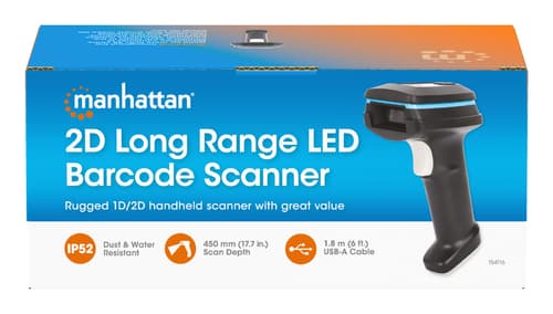 Manhattan 2D Long Range LED Barcode Scanner, USB, 450mm Scan Depth, Max Ambient Light 100,000 lux (sunlight), Supports symbologies - 1D (x21 versions) and 2D (x10 versions), Scanner RJ45 to USB 1.8m cable (most popular type, which is USB-A), Black, 3 Year Warranty