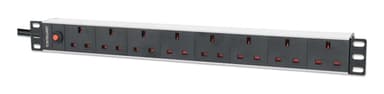 Intellinet 19" 1U PDU 7-way UK, Overload Protection, Rackmount, Power Distribution Unit, UK 3-pin outlets, 3m power cord, output view 1