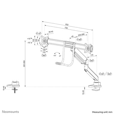 Neomounts DS75-450WH2 Monitor arm 17-32" - gas spring - Topfix - 180°-stop view 20