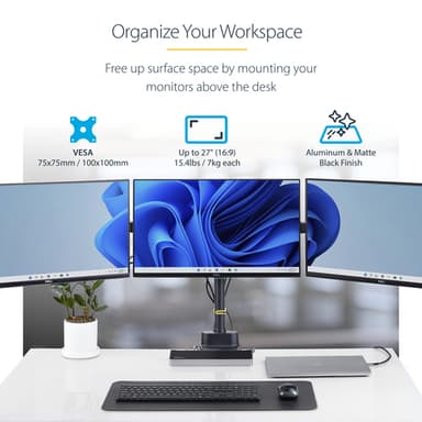 StarTech.com Desk Mount Triple Monitor Arm For Up To Three 27in Screens, VESA 75x75/100x100, Tool-Less Arm Adjustments, C-Clamp/Grommet Mount, Mechanical Spring Arm view 14