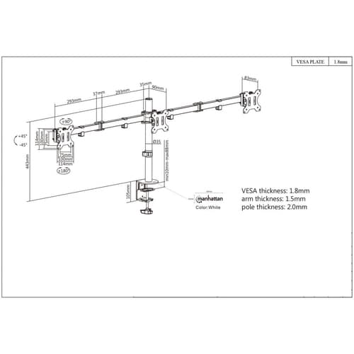 Manhattan Triple Desk Mount for TV & Monitors, For screens: 10" to 27", Clamp Assembly, VESA compatibility: 75x75 and 100x100mm - check the dimensions of the four mounting holes on back of screen to ensure it fits, Max 7kg (each), Black, Bracket, Lifetime Warranty