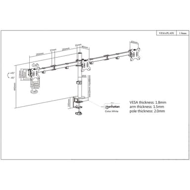 Manhattan Triple Desk Mount for TV & Monitors, For screens: 10" to 27", Clamp Assembly, VESA compatibility: 75x75 and 100x100mm - check the dimensions of the four mounting holes on back of screen to ensure it fits, Max 7kg (each), Black, Bracket, Lifetime Warranty view 7