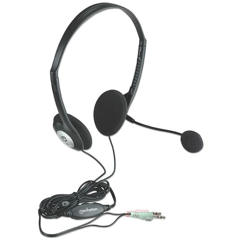 Manhattan Stereo On-Ear Headset (3.5mm), Microphone Boom, In-Line Volume Control, Foam Earpads, Standard 2x 3.5mm stereo jack/plug for audio/mic use, cable 2m, Black, Three Year Warranty