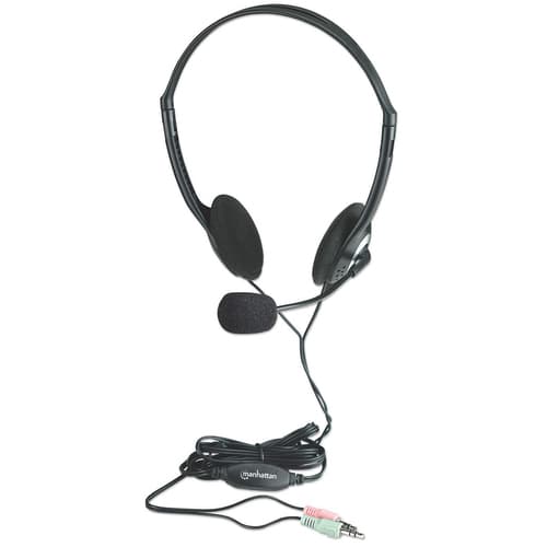 Manhattan Stereo On-Ear Headset (3.5mm), Microphone Boom, In-Line Volume Control, Foam Earpads, Standard 2x 3.5mm stereo jack/plug for audio/mic use, cable 2m, Black, Three Year Warranty