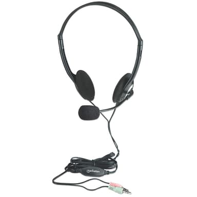Manhattan Stereo On-Ear Headset (3.5mm), Microphone Boom, In-Line Volume Control, Foam Earpads, Standard 2x 3.5mm stereo jack/plug for audio/mic use, cable 2m, Black, Three Year Warranty view 1