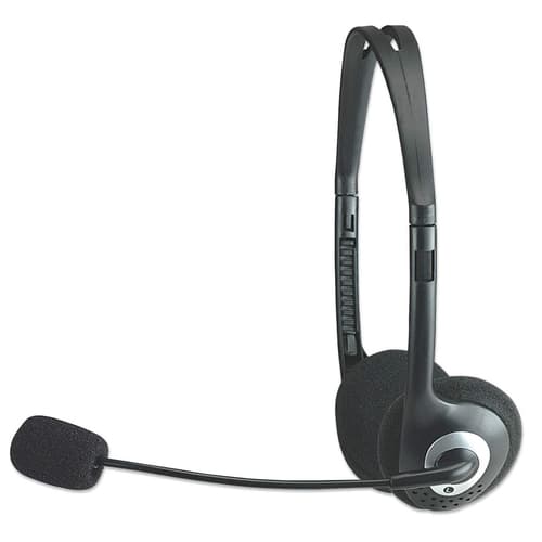 Manhattan Stereo On-Ear Headset (3.5mm), Microphone Boom, In-Line Volume Control, Foam Earpads, Standard 2x 3.5mm stereo jack/plug for audio/mic use, cable 2m, Black, Three Year Warranty