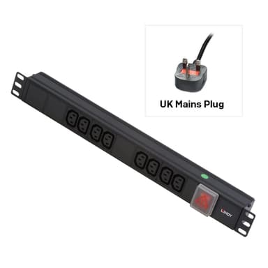 Lindy 1U 8 Way IEC Sockets, Horizontal PDU with UK Mains Plug view 1